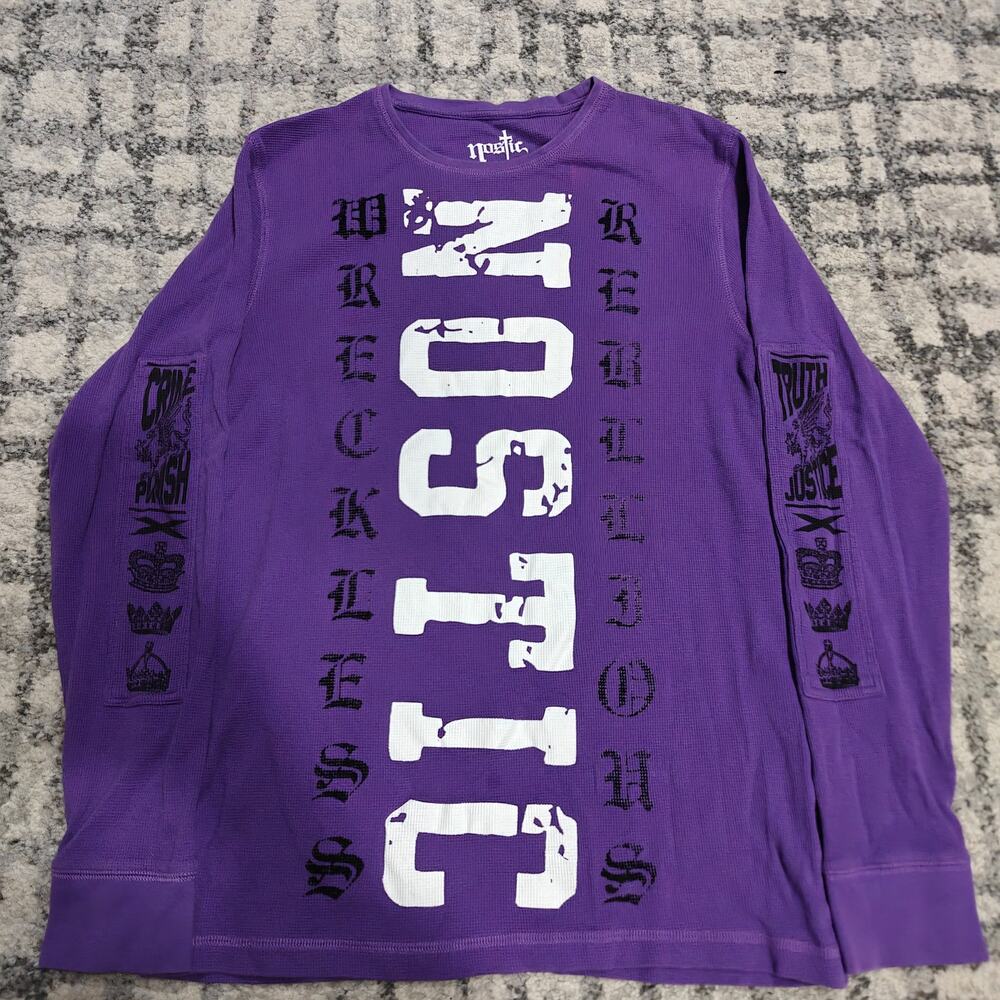 Nostic Y2K Mens L Purple Thermal Waffle Long Sleeve Graphic Shirt Velvet Flock
